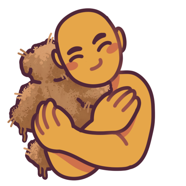 A person hugging a raggedy medium brown dog stuffed animal.